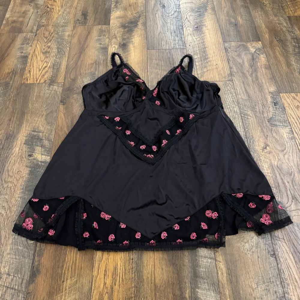 Fox & Royal Black Satin Rose Embroidered Babydoll Chemise Lingerie XL 22 Sheer